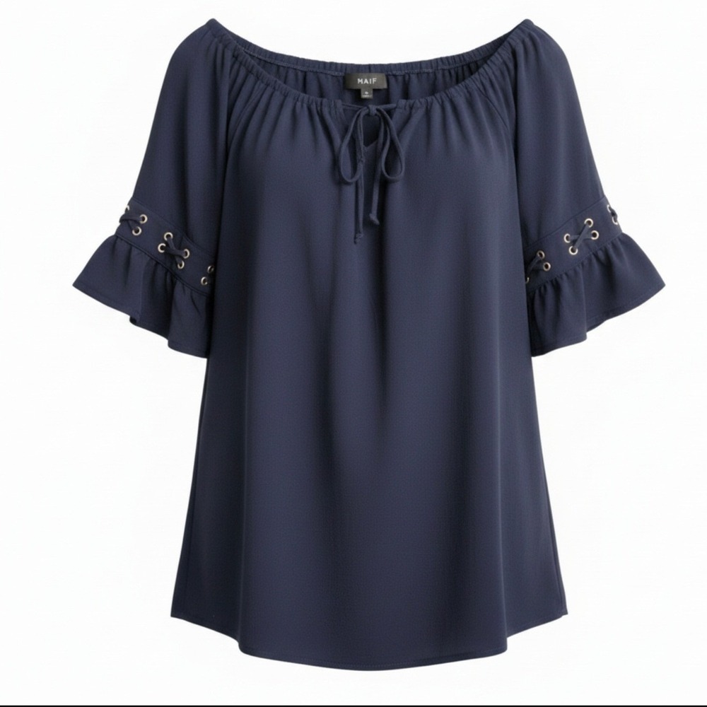 Naif Anthropologie Navy Blue Peasant Blouse Lace Up Grommet Flutter Sleeve Sz 1X